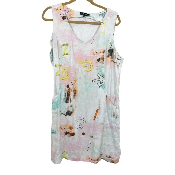 Charlie B White Multicolor Linen Shift Dress Pockets Artsy Lagenlook - Size XL - Picture 1 of 7